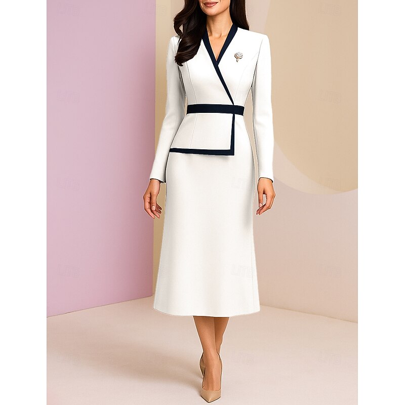 Sheath / Column Mother of the Bride Dress Formal Elegant Vintage V Neck Tea Length Satin Long Sleeve with Color Block3