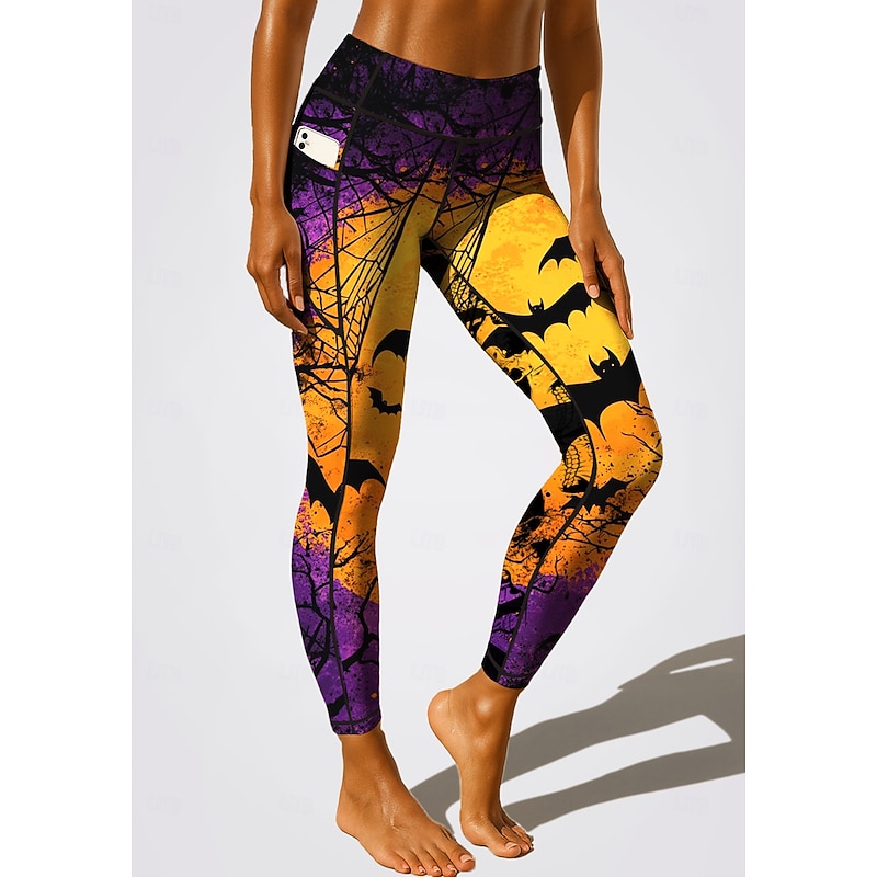 Women's Unisex pilates leggings fitness pants Gym Leggings Pockets Stamp Duty Side Pockets Pilates Gym Gym Workout Pants Tights Leggings Halloween Orange Sports Activewear Stretchy Tight Fit2