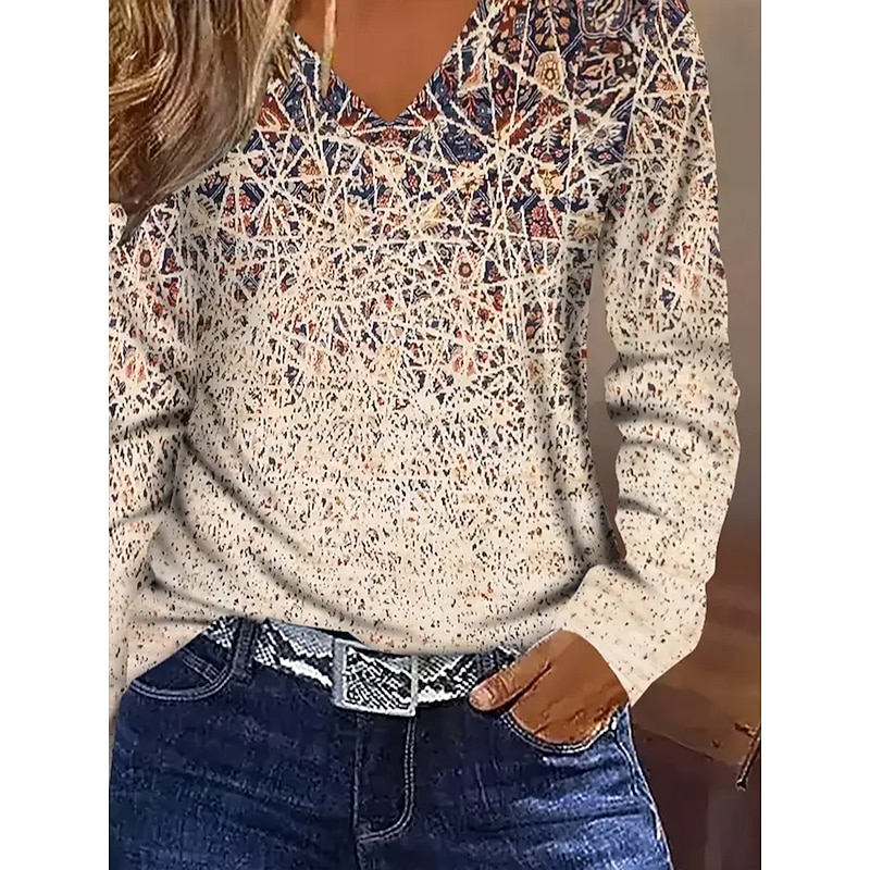 Women's T Shirt Graphic Gradient Tribal Vintage Stylish Classic Long Sleeve V Neck Regular Tops Daily Print Khaki Spring Fall Winter3