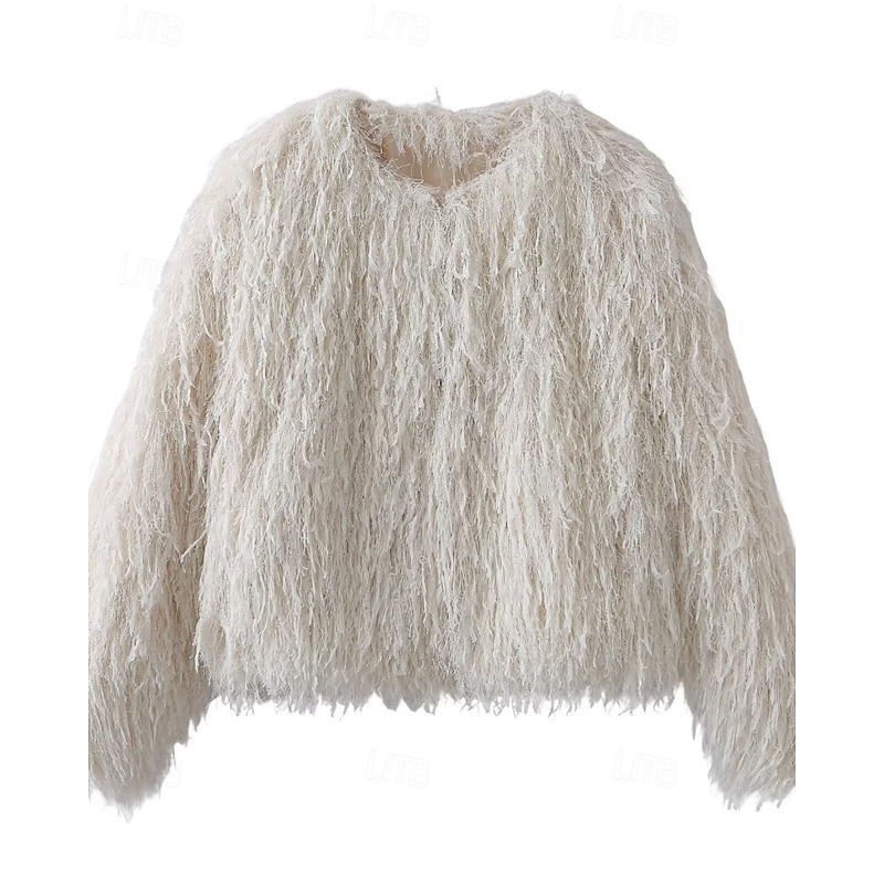 Women's Faux Fur Coat Comfortable Furs & Leathers Fashion Plain Vacation Street Going out Weekend Short Crewneck Regular Fit Long Sleeve Outerwear Black White Drak Red Fall Winter4