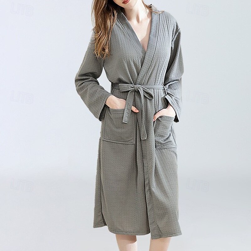 Women's Pajamas Robe Fashion Casual Pure Color Pocket Vacation Home Bed Long Sleeve V Neck White Pink Navy Blue Gray Light Blue Summer Spring Fall Tailored Fit3