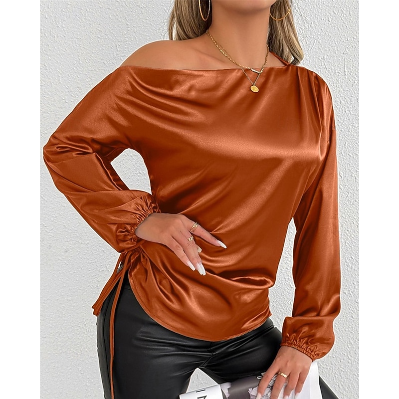 Women's Shirt Elegant Dressy Satin Solid Color Stylish Casual Long Sleeve Cold Shoulder Regular Tops Daily Going out Asymmetric Yellow Brown Spring Fall4