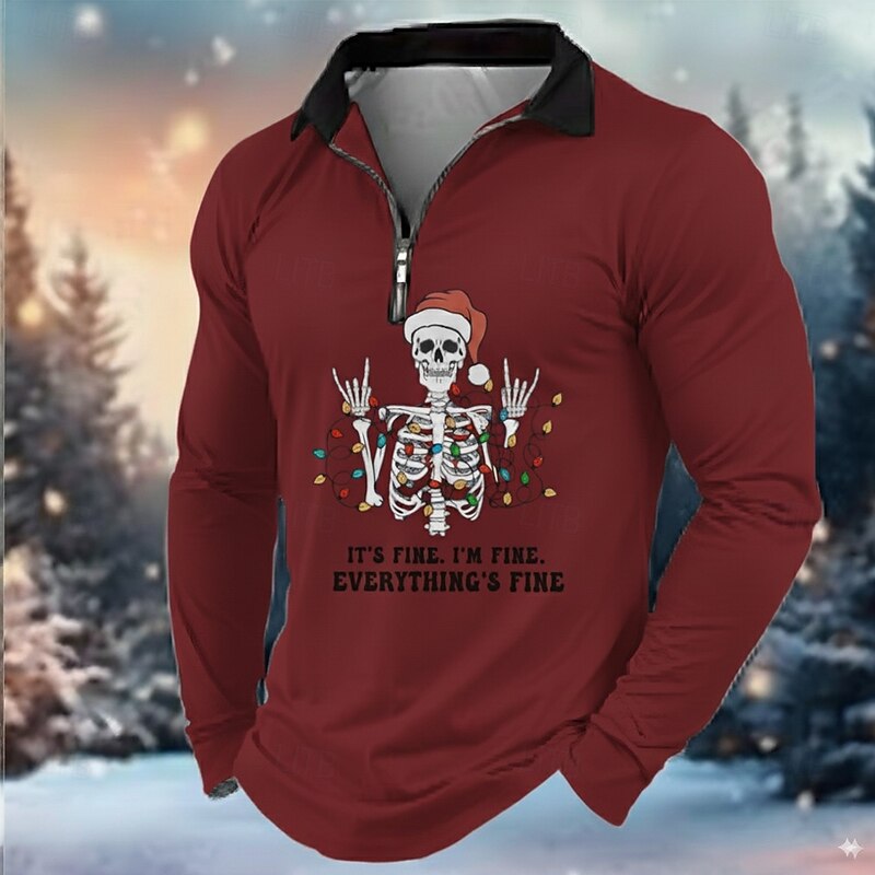 Christmas Men's Text / Number Lanterns Polo Long Sleeve Turndown Modern Leisure Athleisure Casual Daily Festival Zipper 3D Print Spring Fall Winter White Red Blue2