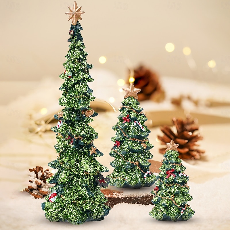 Christmas Tree Resin Decoration Cute Green Glitter Desktop Ornament with Hand-Painted Color, Sparkling Holiday Tabletop Decor, Perfect for Interior, Store Displays & Gifts