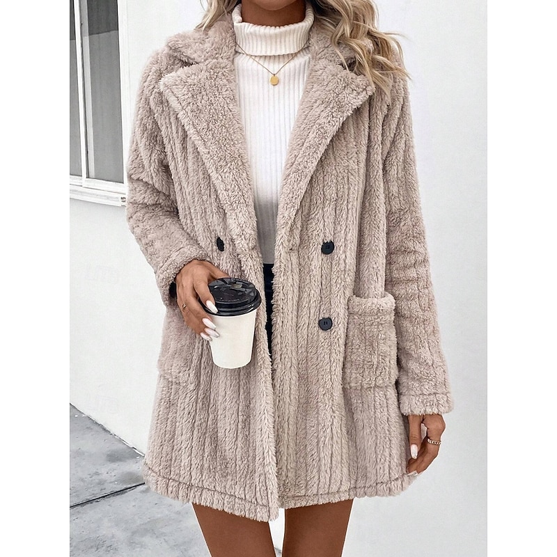 Women's Winter Coat Sherpa Jacket Comfortable Breathable Pocket Buttons Casual Plain Vacation Street Casual Daily Wear Double Breasted Regular Turndown Regular Fit Long Sleeve Outerwear Khaki Spring2