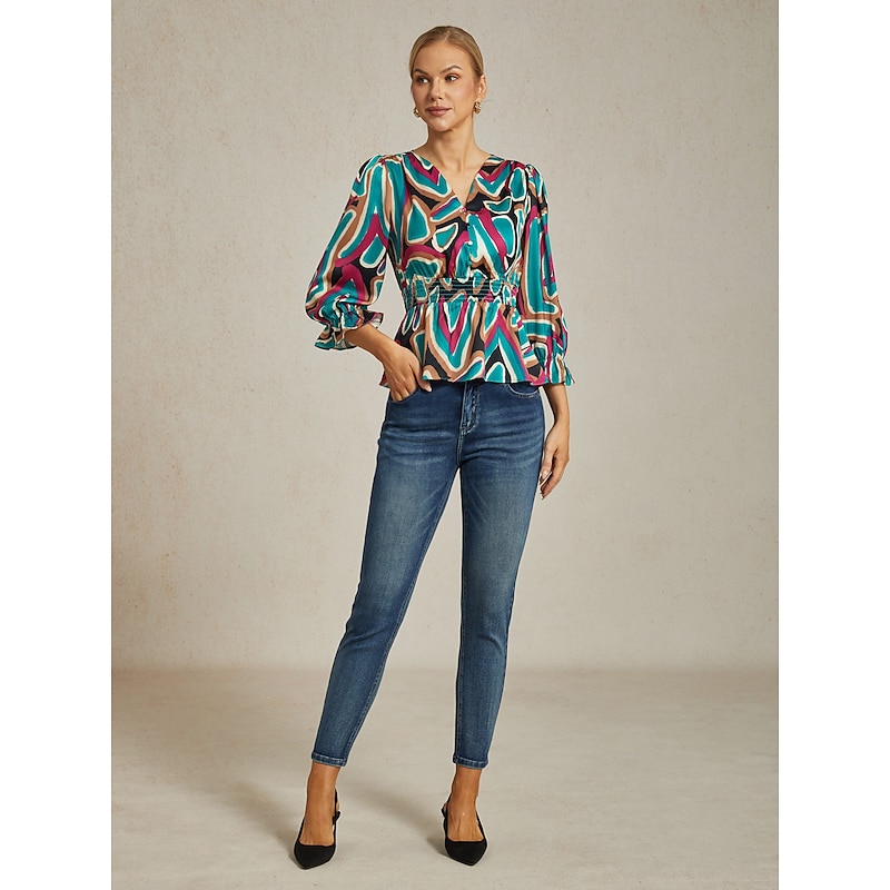 Colorful Abstract Print Satin Top with Cinched Waist4