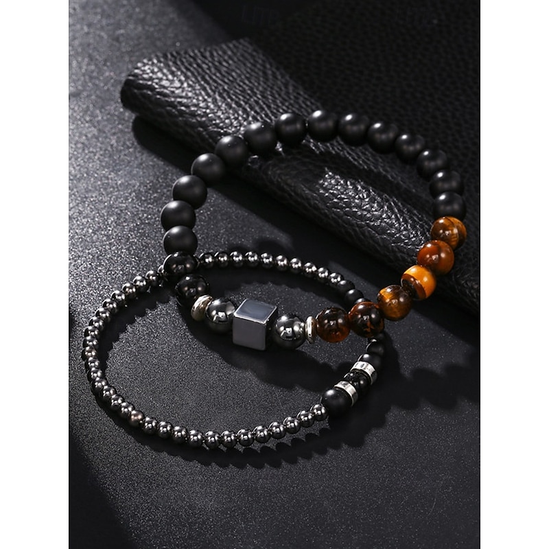 Men's Beaded Bracelet Set with Natural Stone and Hematite Beads, Adjustable Layered Wristband Jewelry for Casual Wear, Parties and Gifts4