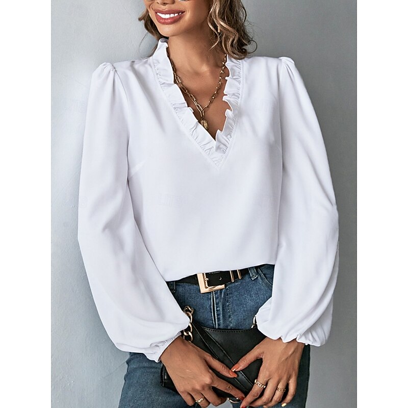 Women's Shirt Solid Color Stylish Casual Long Sleeve V Neck Regular Tops Daily Ruffle Black White Spring Fall Winter3