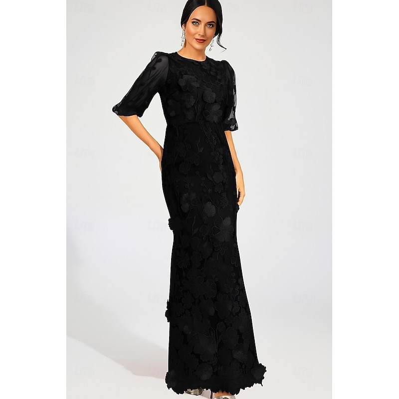Sheath / Column Evening Gown Elegant Formal Dress Formal Wedding Floor Length Half Sleeve Crew Neck Lace with Glitter 20253