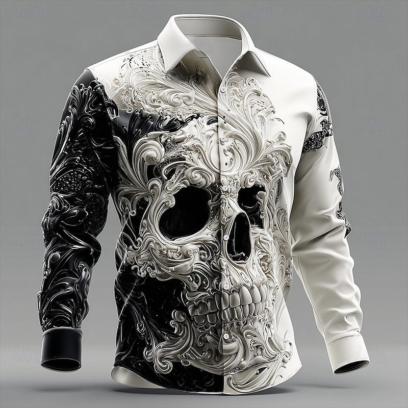 Halloween Men's Skull Intricate Floral Shirt Button Up Shirt Long Sleeve Dark Gothic Style Outdoor Holiday Spring Fall Turndown 3D Print Collared Shirts White+Black White