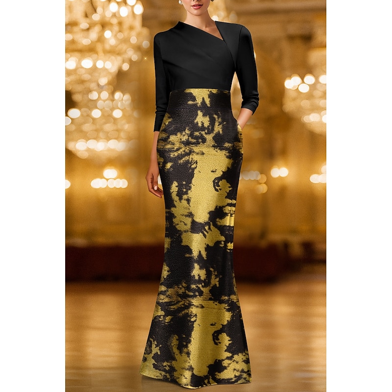 Gold Black Mermaid / Trumpet Evening Gown Elegant Formal Dress Formal Wedding Floor Length Half Sleeve V Neck Pocket Satin with Floral Print 20254