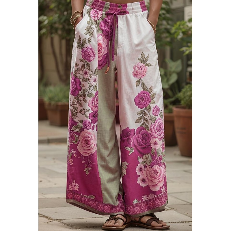 Women's Culottes Wide Leg Wide Leg Vacation Vintage Ethnic Style Full Length High Waist Floral Graphic Quick Dry Breathability Soft Inelastic Formal Outdoor Vacation Pink Red Blue Green Fall