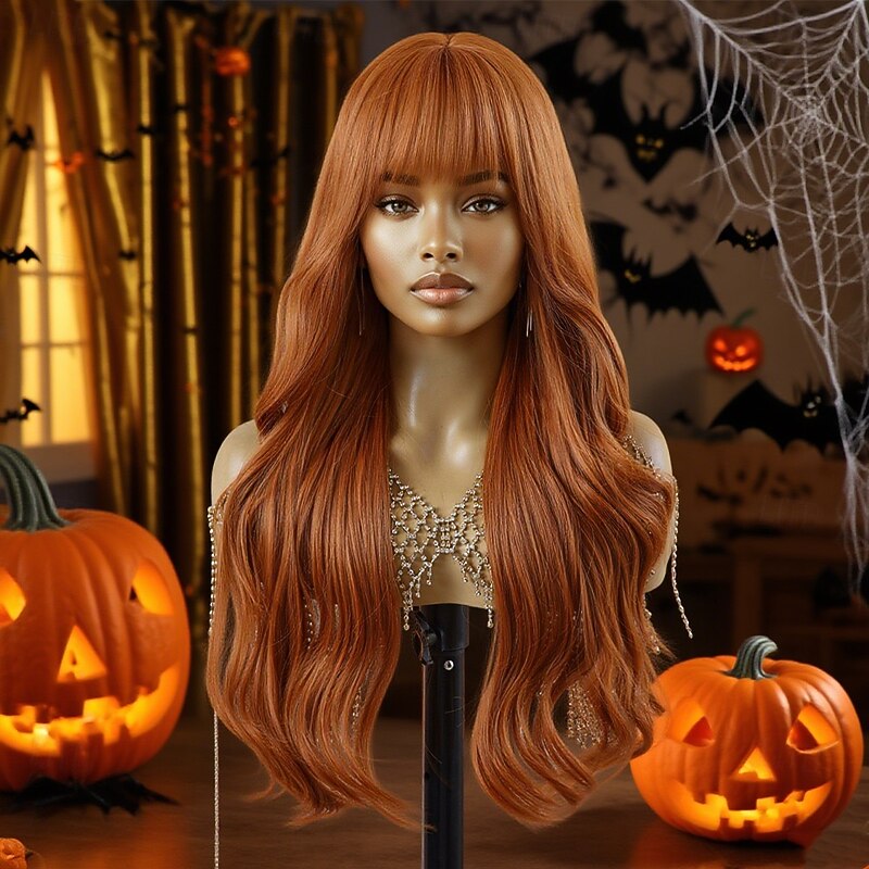 Synthetic Wig Curly Wavy Middle Part Neat Bang Wig 26 inch Auburn Synthetic Hair 26 inch Women's Soft Comfy Orange2
