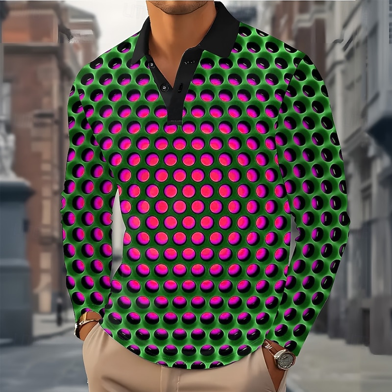 Men's Geometric Abstract Polo Long Sleeve Polo Shirts Lapel Casual Outdoor Street Athleisure Daily Wear 3D Print Buttons Spring Fall Winter Blue Purple Green2