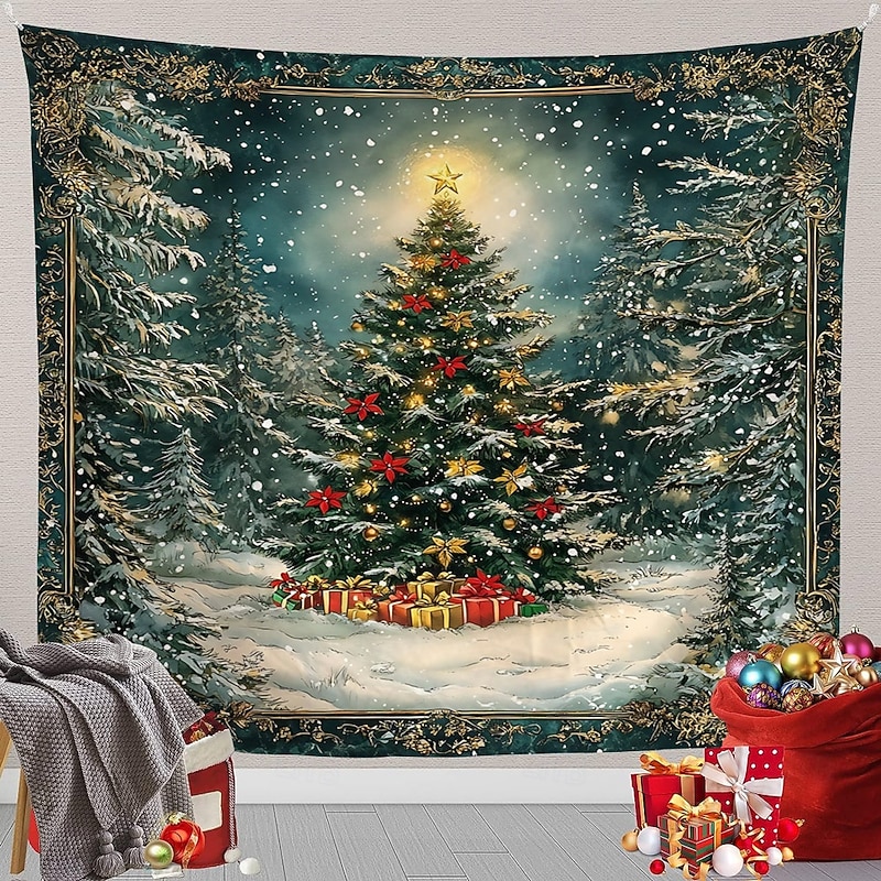 Chrismas Hanging Tapestry Christmas Tree Christmas Wreath Gift Boxes Large Wall Art Mural Decor Blanket Curtain Holiday Home Bedroom Living Room Festive Party Seasonal Celebration Decoration