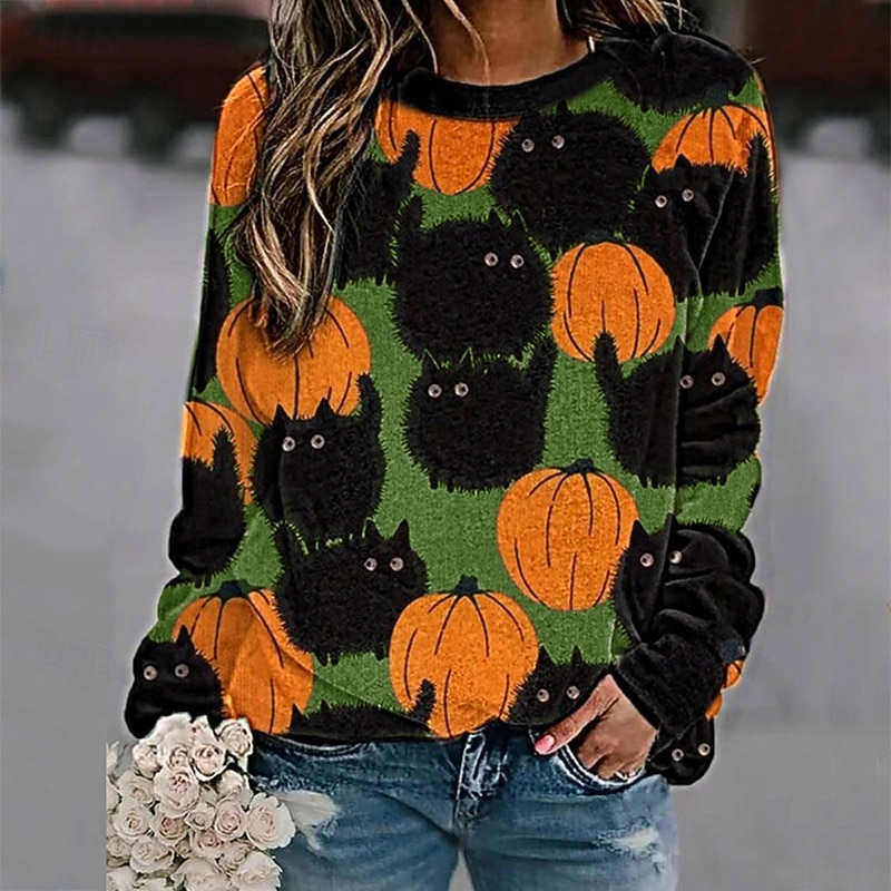 Women's Pullover Sweatshirt Sweatshirts Cat Pumpkin Streetwear Casual Long Sleeve Crew Neck Regular Tops Street Holiday Going out Print Black Yellow Dark Green Orange Green Fall Winter3
