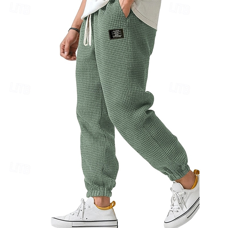 Men's Waffle Sweatpants Joggers Trousers Casual Pants Drawstring Solid Color Comfort Full Length Outdoor Daily Streetwear Fashion Classic Style Lake blue Black Stretchy2