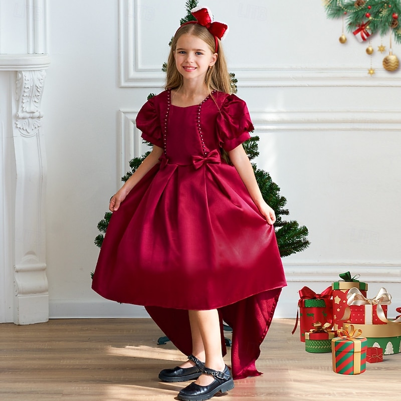 Kids Girls' Party Dress Solid Color Short Sleeve Special Occasion Tie Knot Princess Polyester Asymmetrical Party Dress Summer Spring Fall 4-12 Years Pink Wine Dusty Blue