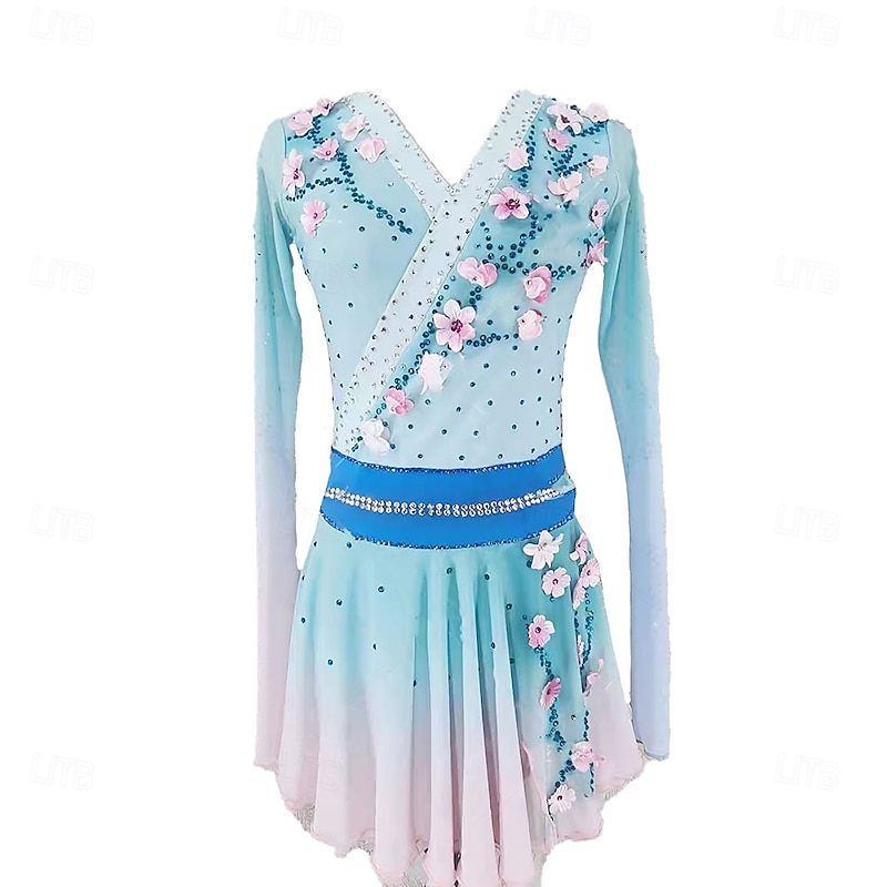 Figure Skating Dress Women's Girls' Ice Skating Dress Sky Blue Patchwork Asymmetric Hem Spandex High Elasticity Training Professional Competition Skating Wear Classic Crystal / Rhinestone Long Sleeve
