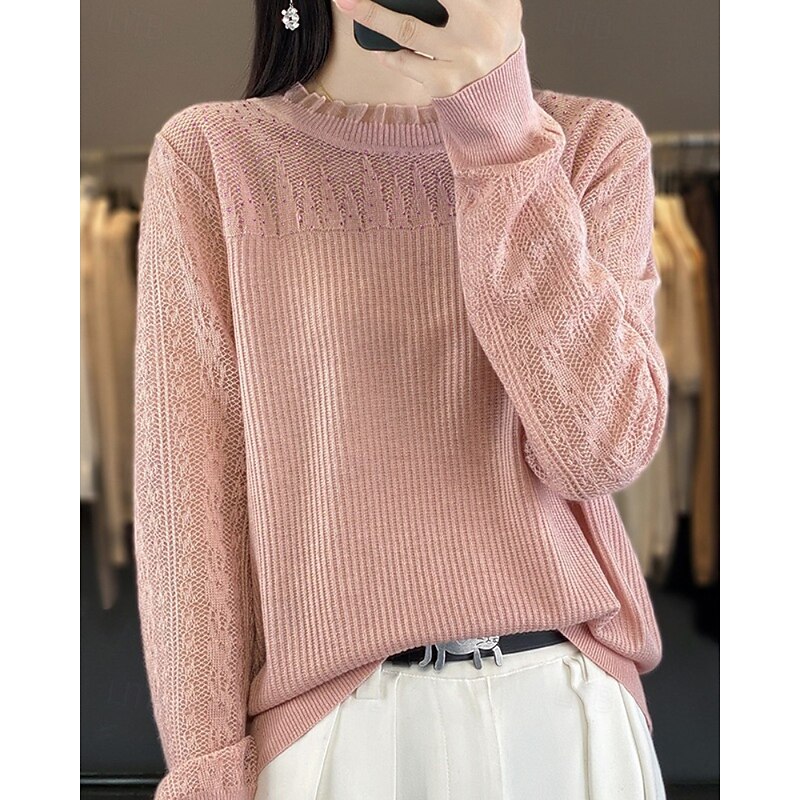 Women's Sweater Pullover Streetwear Casual Solid Color Stand Collar Lace Patchwork Knitted Long Sleeve Regular Tops Knit Daily Holiday Going out Wine Red Black Fall Winter