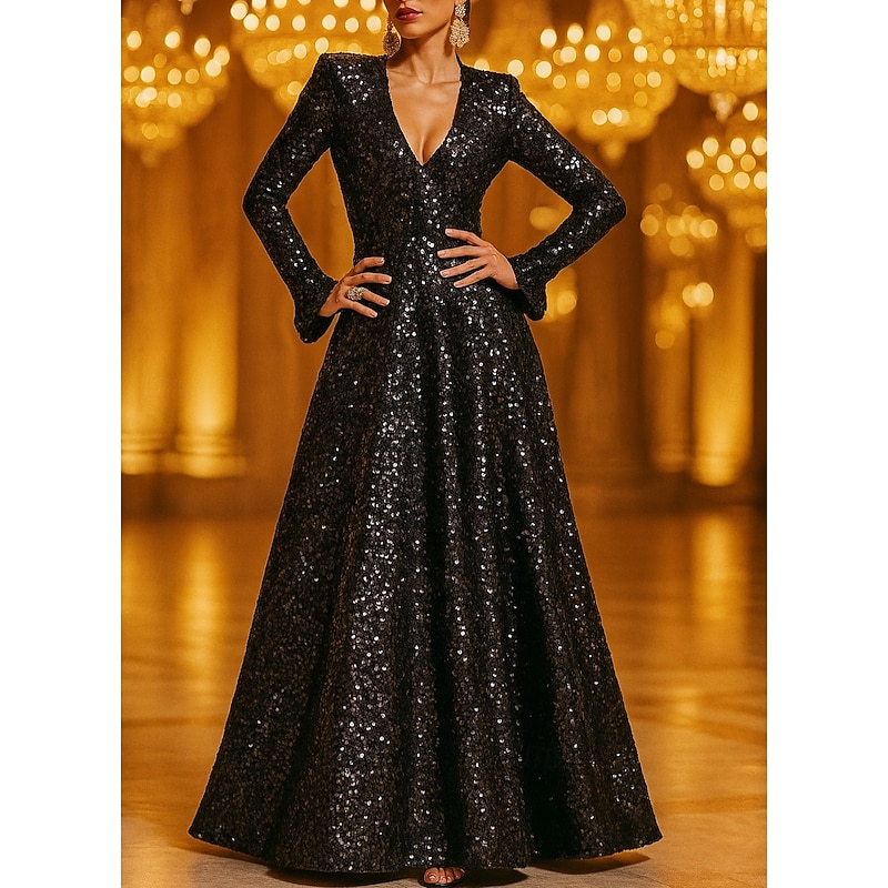 Black Tie A-Line Evening Gown Elegant Formal Dress Formal Wedding Floor Length Long Sleeve V Neck Pocket Sequined with Glitter 20254