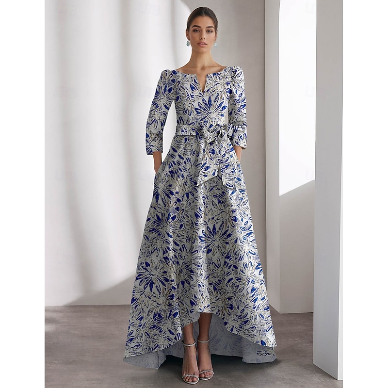 Floral Jacquard Dress A-Line Cocktail Dresses High-low Dress Formal Black Tie Gala Dress 3/4 Length Sleeve V Neck with Pocket