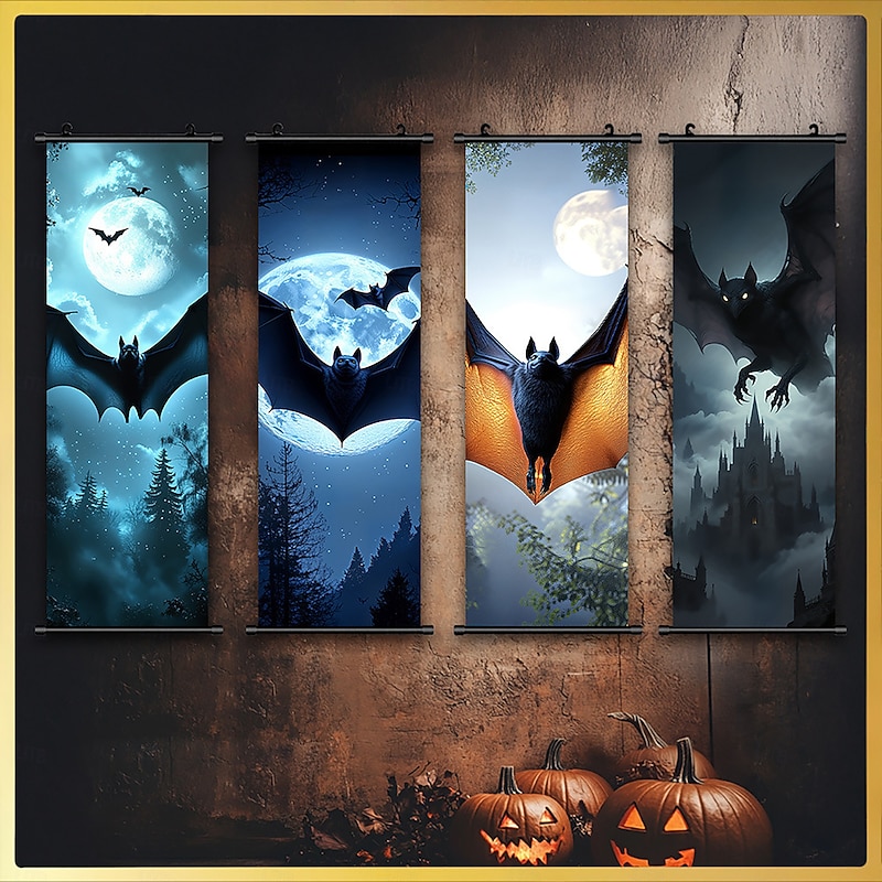 4 Pcs Halloween Wall Tapestry Flying Bats Night Pattern Wall Banner Party Decoration Interior Decor Witch House Accessories
