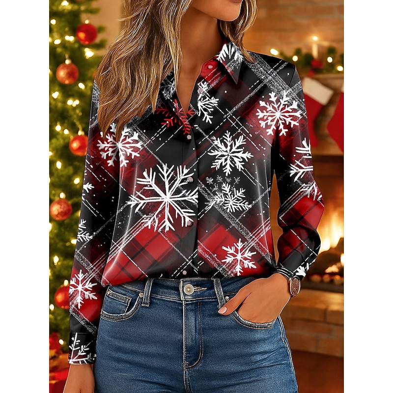 Christmas Women's Work Shirt Graphic Plaid Snowflake Elegant Vintage Tropical Long Sleeve Shirt Collar Regular Tops Work Party Evening Wear Daily Red Blue Purple Orange Green Fall Winter Spring