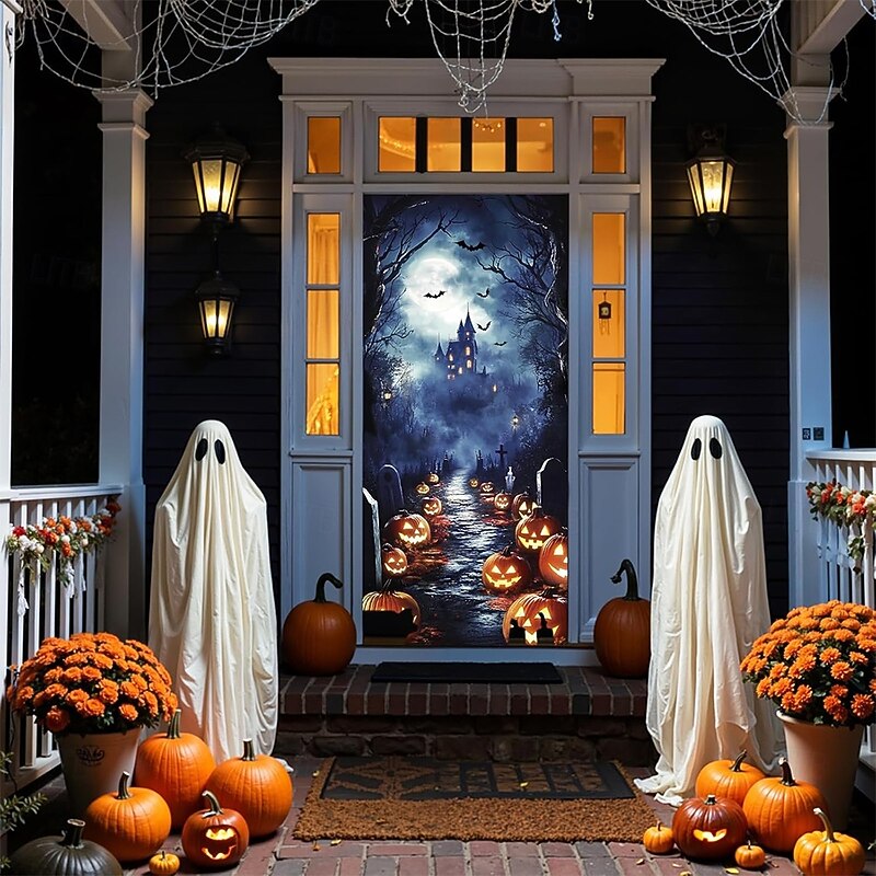 Halloween Tapestry Door Cover Outdoor Banners Pumpkin Cemetery 3D Dark Dark Punk Gothic Style Party Dorm Teens Room College Dorm Guys Man Cave Frat Bedroom Shooting Backgrounds Home Decor4