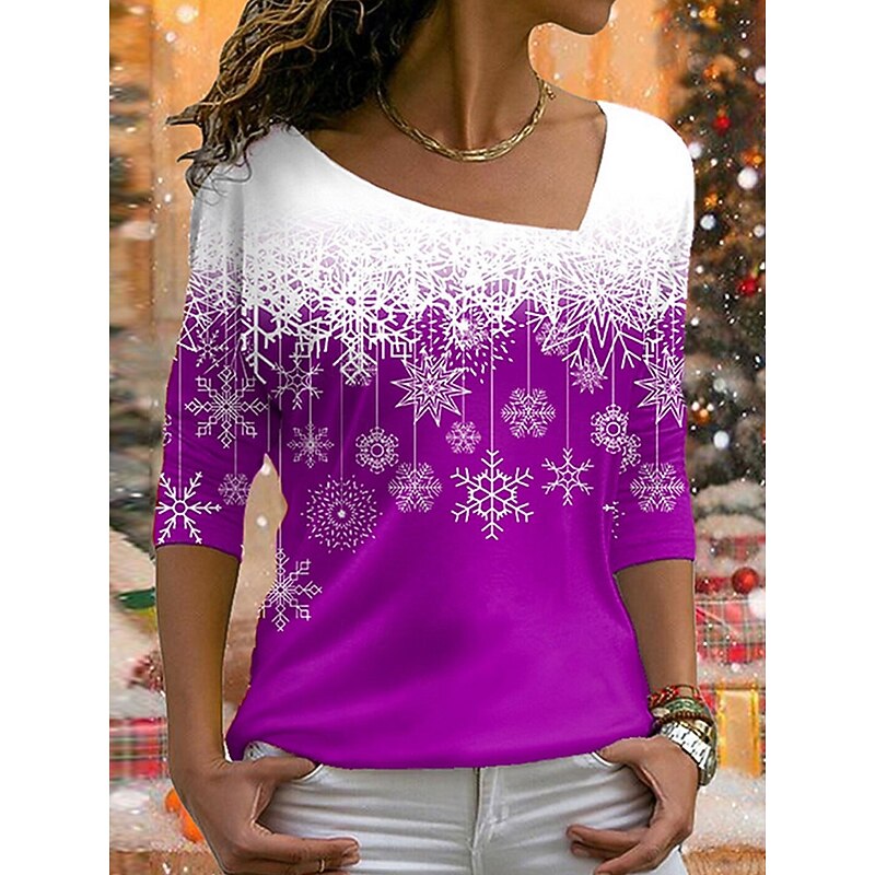 Christmas Women's T Shirt Graphic Snowflake Vintage Stylish Basic Long Sleeve V Neck Regular Tops Weekend Print Asymmetrical Red Blue Purple Orange Green Winter Spring, Fall, Winter, Summer3