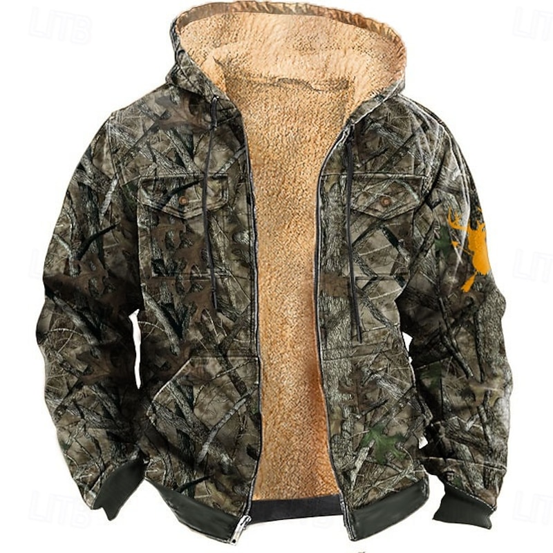 Men's Camo Camouflage Deer Fleece Hoodie Jacket Fashion Cool Hooded Hunting Red Blue Zipper Pocket Fall Winter Designer