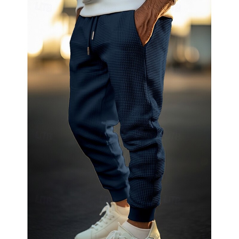 Men's Waffle Sweatpants Joggers Trousers Casual Pants Drawstring Front Pocket Plain Comfort Full Length Outdoor Home Daily Fashion Streetwear Black White Stretchy