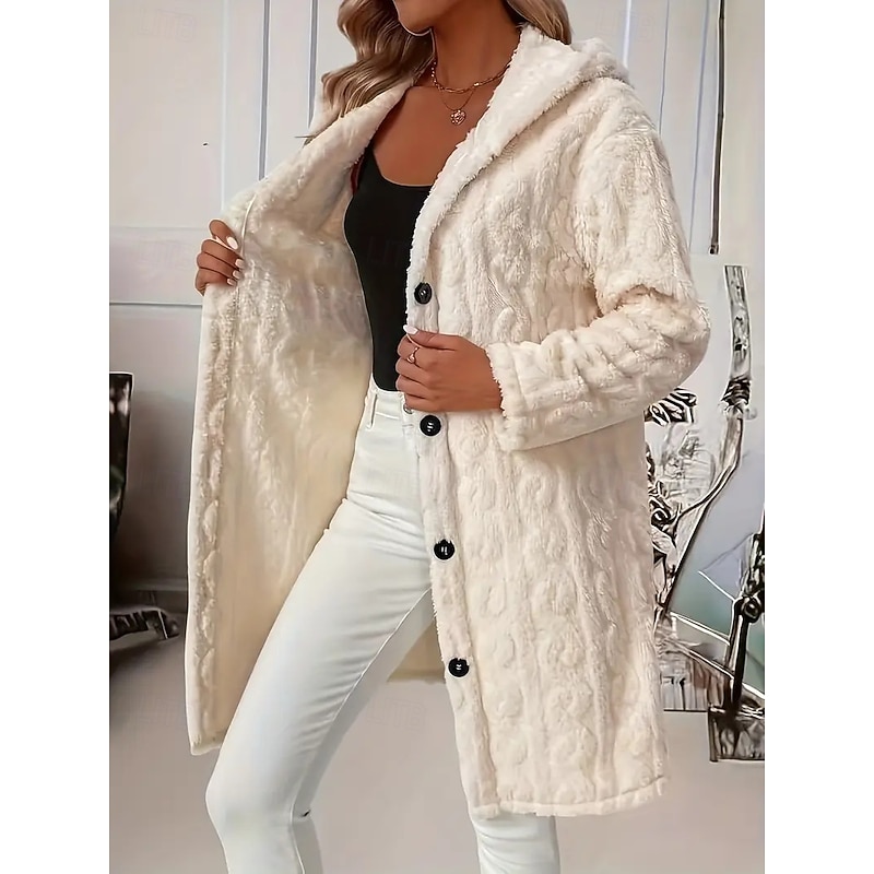 Women's Sherpa Jacket Comfortable Breathable Jacquard Elegant Casual Plain Vacation Street Casual Daily Wear Single Breasted Long Hooded Regular Fit Long Sleeve Outerwear Beige Spring Fall