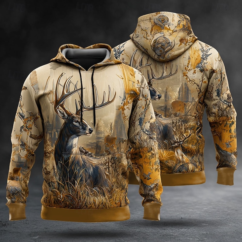 Men's Deer Hoodie Sweatshirt Fashion Classic Crew Neck Outdoor Hunting Yellow Brown Drawstring Fall Winter Designer