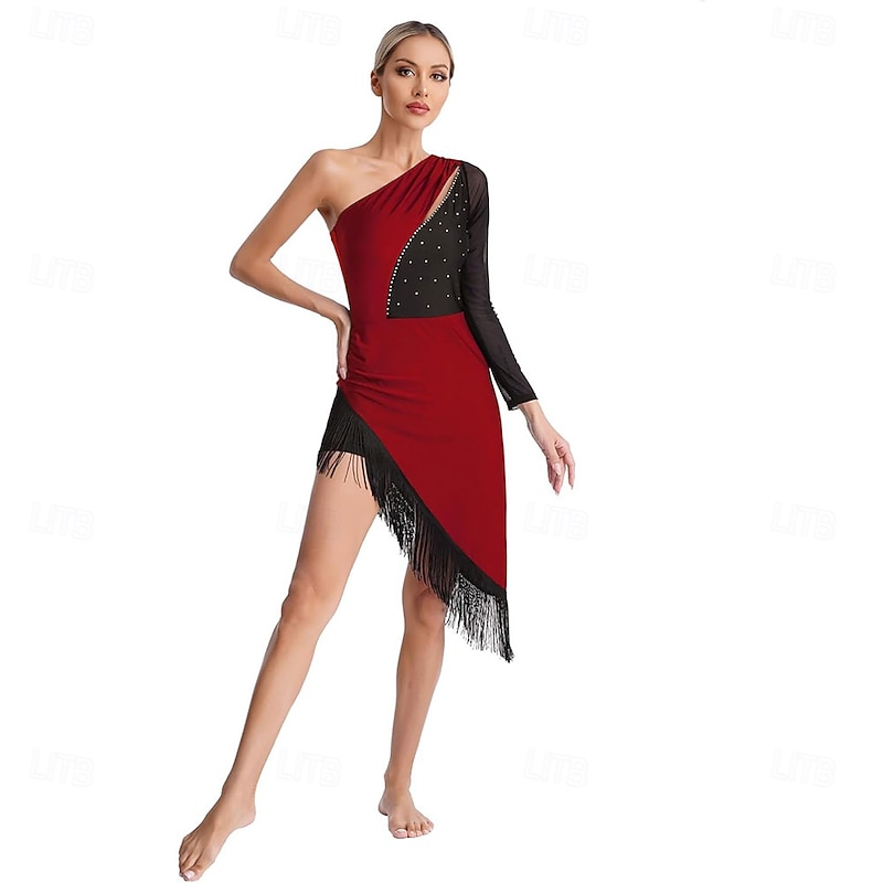 Women's Salsa Latin Dance Dress Shiny Rhinestones Fringe Flapper Party Dress Ballroom Dance Costume