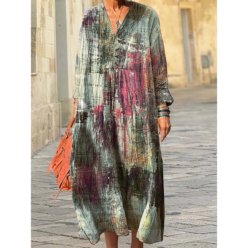 Women's Midi Dress Sundress A Line Dress Vacation Casual Boho Going out Beach Loose Fit Graphic Geometric Long Sleeve V Neck Pink Blue Purple Green Spring Fall Winter Autumn4
