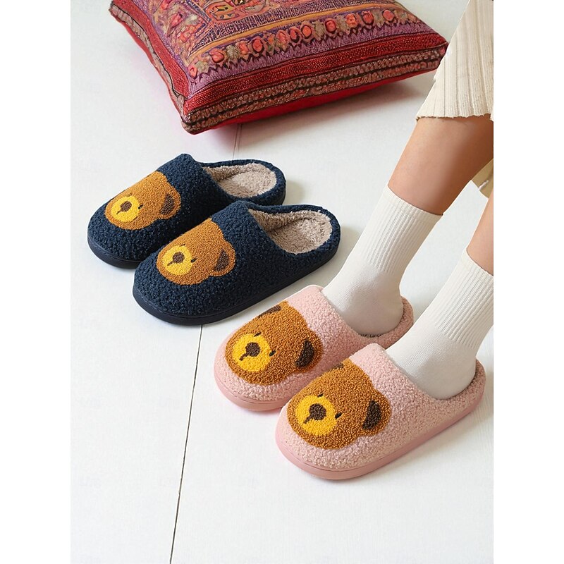 Women's Fuzzy Bear Slippers Warm Plush Indoor Shoes Cute Cartoon Style for Winter Home Wear