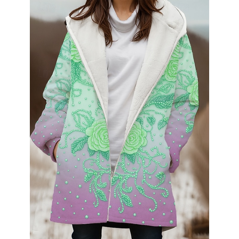 Women's Winter Coat Winter Jacket Windproof Warm Zipper Pocket Fleece Lined Casual Floral Outdoor Vacation Home Casual Long Hooded Regular Fit Long Sleeve Outerwear Pink Blue Purple Winter4