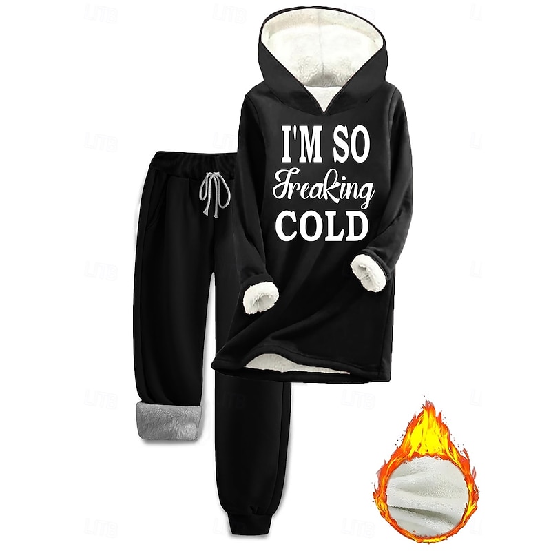 Women's Warm Daily Two Piece Sets Tracksuit Pants Sets Long Sleeve Hooded Graphic Letter Drawstring Print Casual Daily Black Pink Dark Pink Fall Loose Fit3