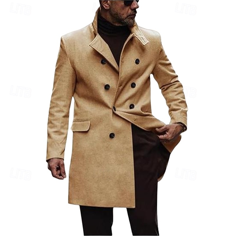 Men's Overcoat Peacoat Long Trench Coat Trench Coat Casual Fall Winter Polyester Outerwear Clothing Apparel Classic Solid Color Notched Double Breasted3