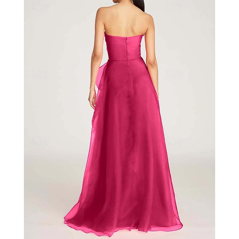 A-Line Evening Gown Celebrity Style Dress Formal Wedding Guest Floor Length Sleeveless One Shoulder Organza with Ruched Ruffles Slit3