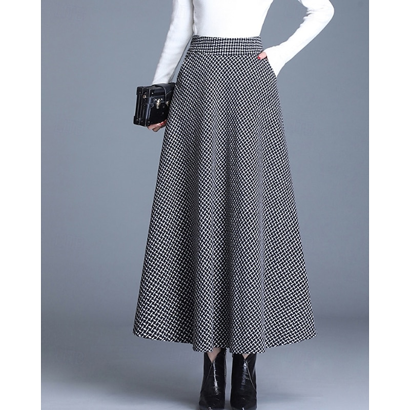 Women's Skirt Swing Fashion Midi Mid Rise Skirts Plaid Ruched Micro-elastic Street Daily Wine Dark Gray Khaki Light Grey Fall Acrylic2