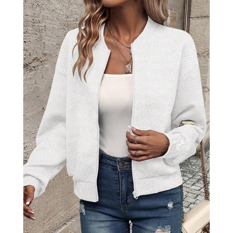 Women's Jacket Casual Jacket Comfortable Zipper Casual Solid Color Street Casual Daily Wear Going out Regular Crewneck Regular Fit Long Sleeve Outerwear Navy Black White Spring Fall2
