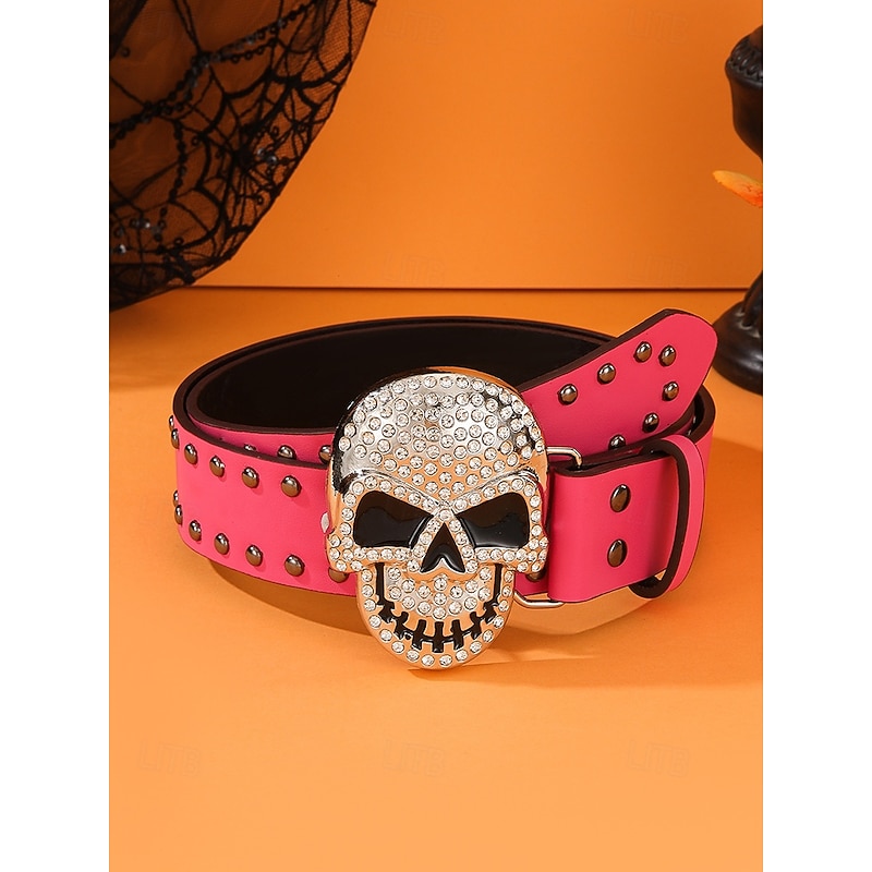 Women's Halloween Skull Belt – Gothic Punk Rhinestone Studded Waist Belt with Skull Buckle in Multiple Colors for Party, Cosplay and Nightlife Outfits2
