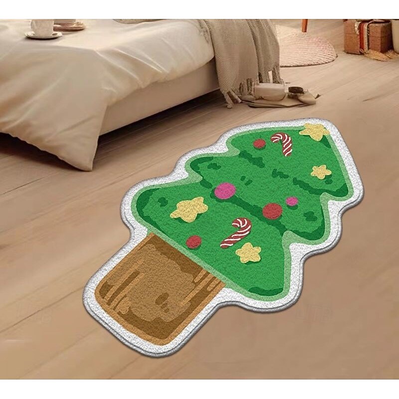 Cute Christmas Tree and Gingerbread Man Shaped Floor Mat, Crystal Velvet Non-Slip Rug for Home, Kitchen, and Entryway, Thick Holiday Decor