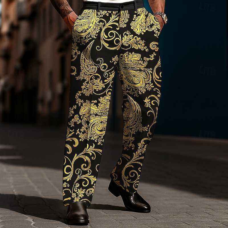 Men's Paisley Floral Print Ethnic Dress Pants Trousers Suit Pants Mid Waist Vintage Retro Casual Holiday Relaxed Fit Flat Front Dress Pants with Side Pockets Spring Fall 3D Print Black White