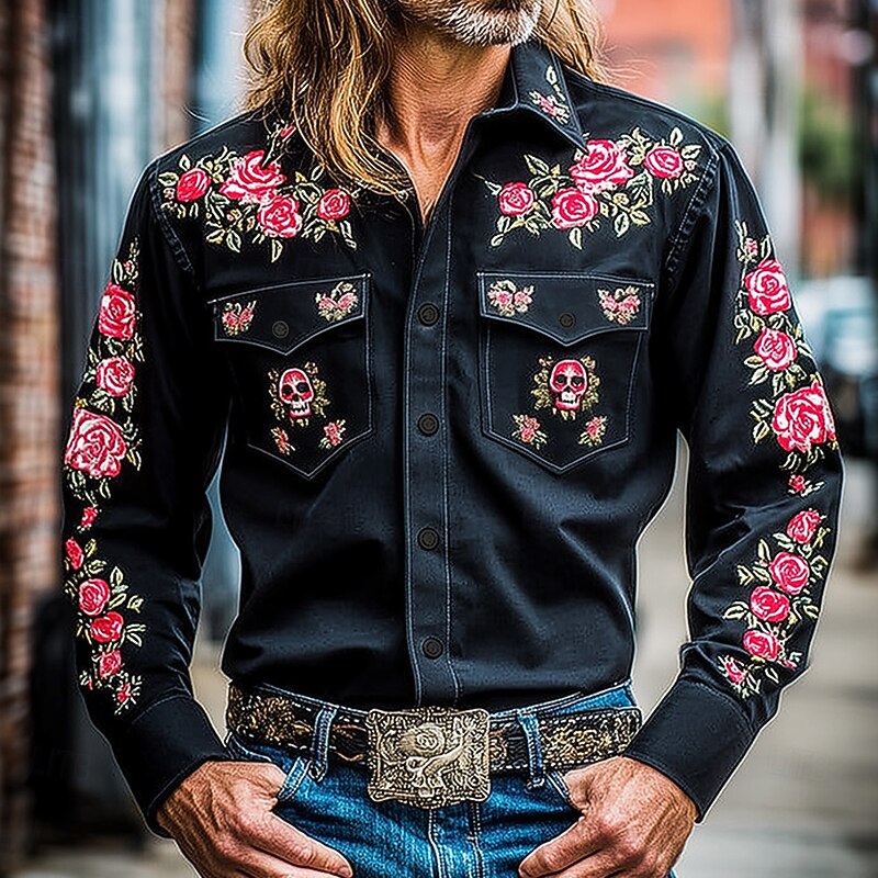 Men's Floral Print Skulls Flowers Shirt Western Shirt Cowboy Shirt Long Sleeve Vintage Retro Outdoor Casual WorkWear Spring Fall Turndown Front Two Pockets Linen Like Shirt Button Up Shirts Black 12