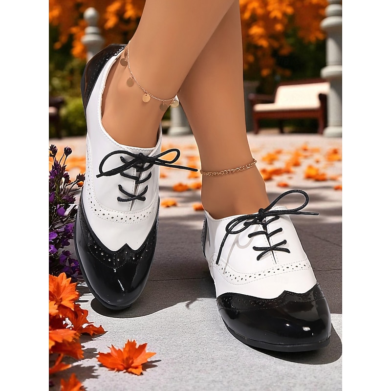 Women's Burgundy and White Oxford Wingtip Flats – 1950s Vintage Patent Faux Leather Brogues for Casual Street Style and Workwear