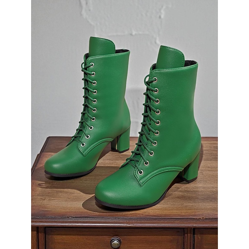 Women's Vintage Style Lace-Up Faux Leather  Ankle Boots with Block Heel,Perfect for Casual & Retro Outfits.