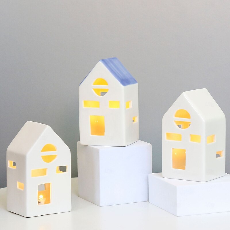 Christmas white ceramic hollow house LED electronic night light indoor living room bedroom kitchen study desktop decoration light ornament light LR44 * 3 battery candle holder prop4